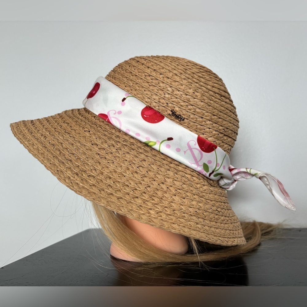 Juicy Couture Straw Sun Hat w/Cherry Logo Print Bandana Womens One Size Summer